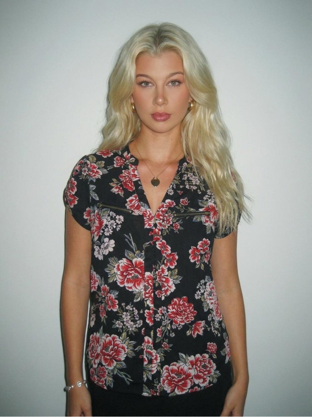 Persaya Black Floral V-Neck Short Sleeve Blouse
